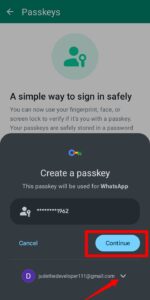 Creating passkey in Whatsapp