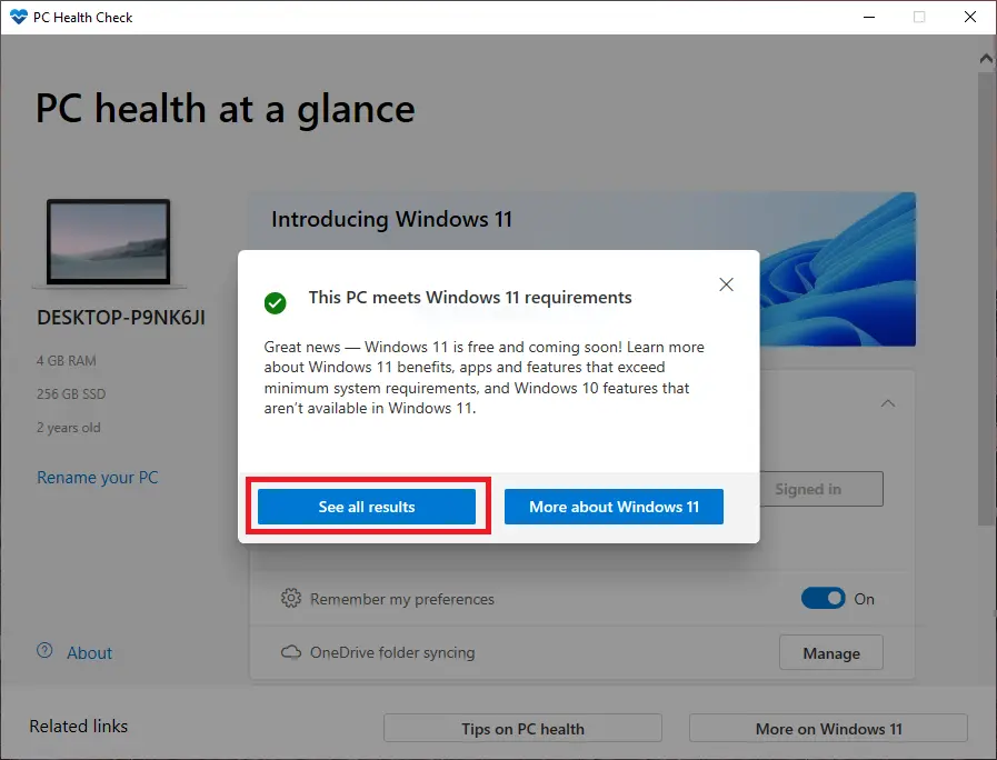 "See all results" on PC health check