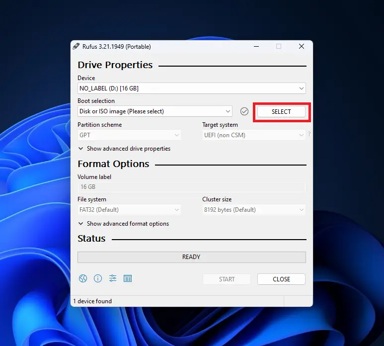 Select windows ISO file on Rufus