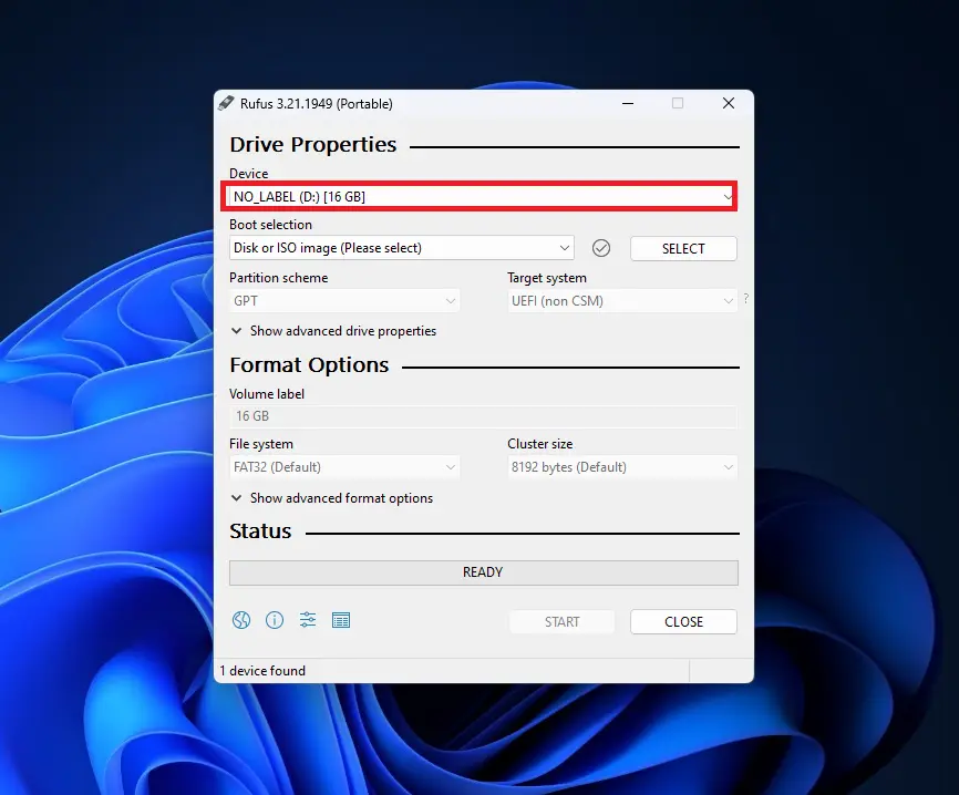 select pen drive on Rufus