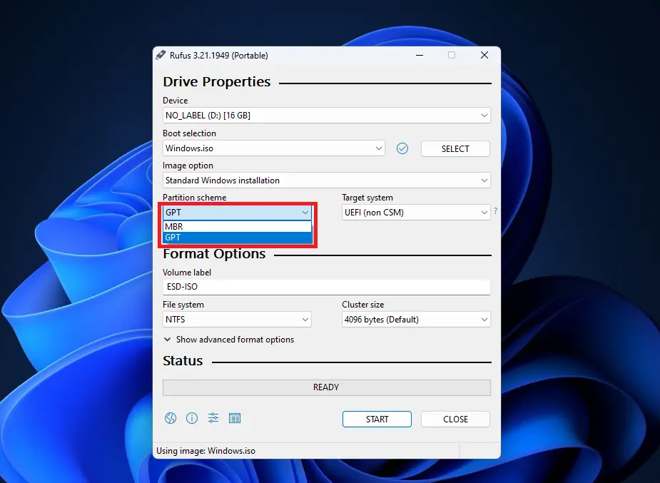 Select a partition scheme on Rufus