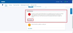 An image showing the notification area on PayPal dashboard