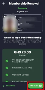 An image showing "pay now" button to renew health insurance on NHIS app