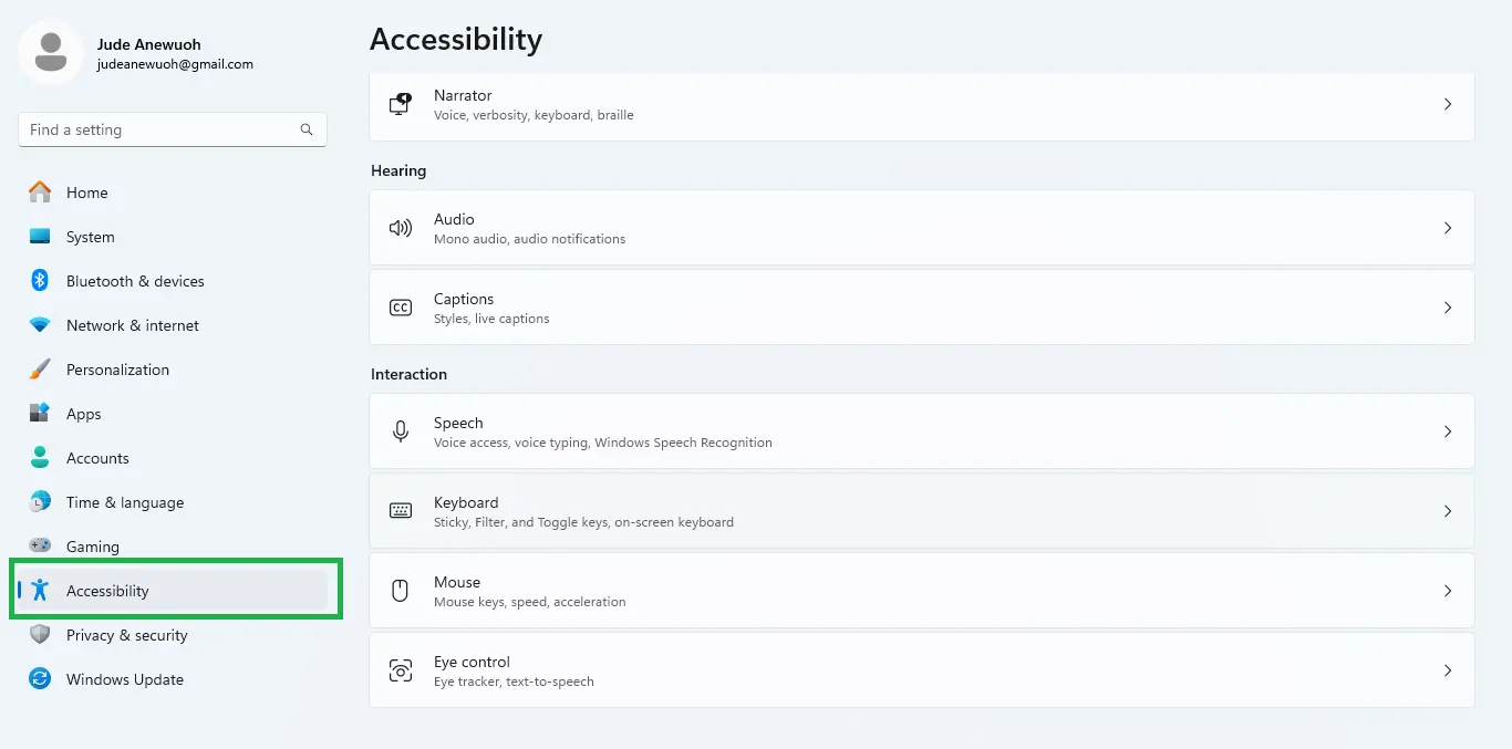 A screenshot of accessibility in Windows 11